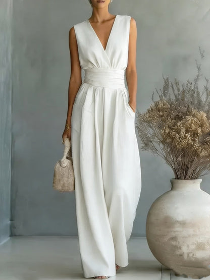 Women's Elegant V-Neck Sleeveless Jumpsuit – Waist-Cinching Straight Leg FitiqueFit