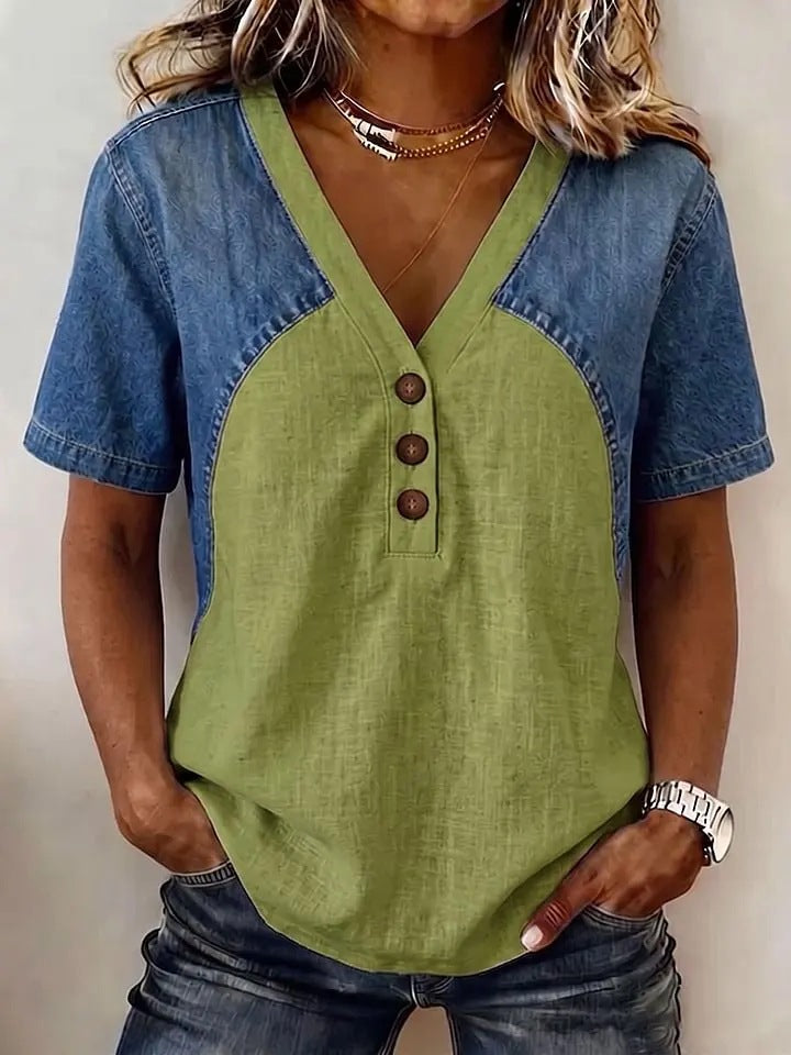 Women's Loose Denim Patchwork Color-Block T-Shirt FitiqueFit