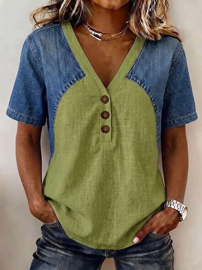 Women's Loose Denim Patchwork Color-Block T-Shirt FitiqueFit