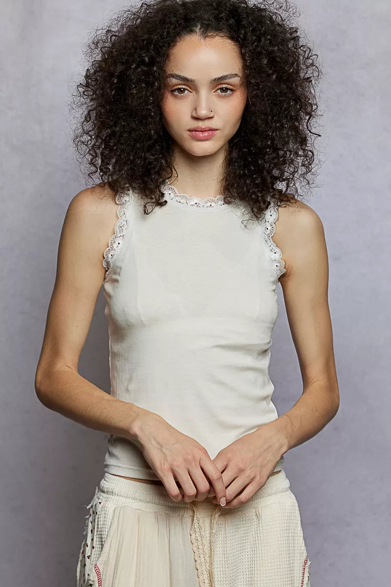 POL Round Neck Cropped Tank with Lace Trim Montret