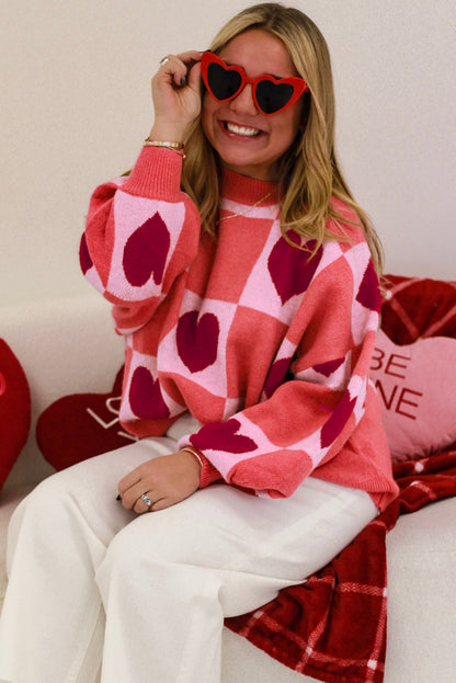 Pink Plus Size Love Heart Block Mock Neck Lantern Sleeve Valentine Sweater Garden Naked Curves