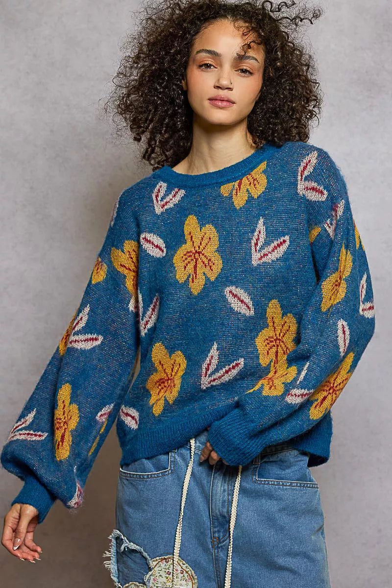 POL Floral Pattern Round Neck Balloon-Sleeve Sweater FitiqueFit