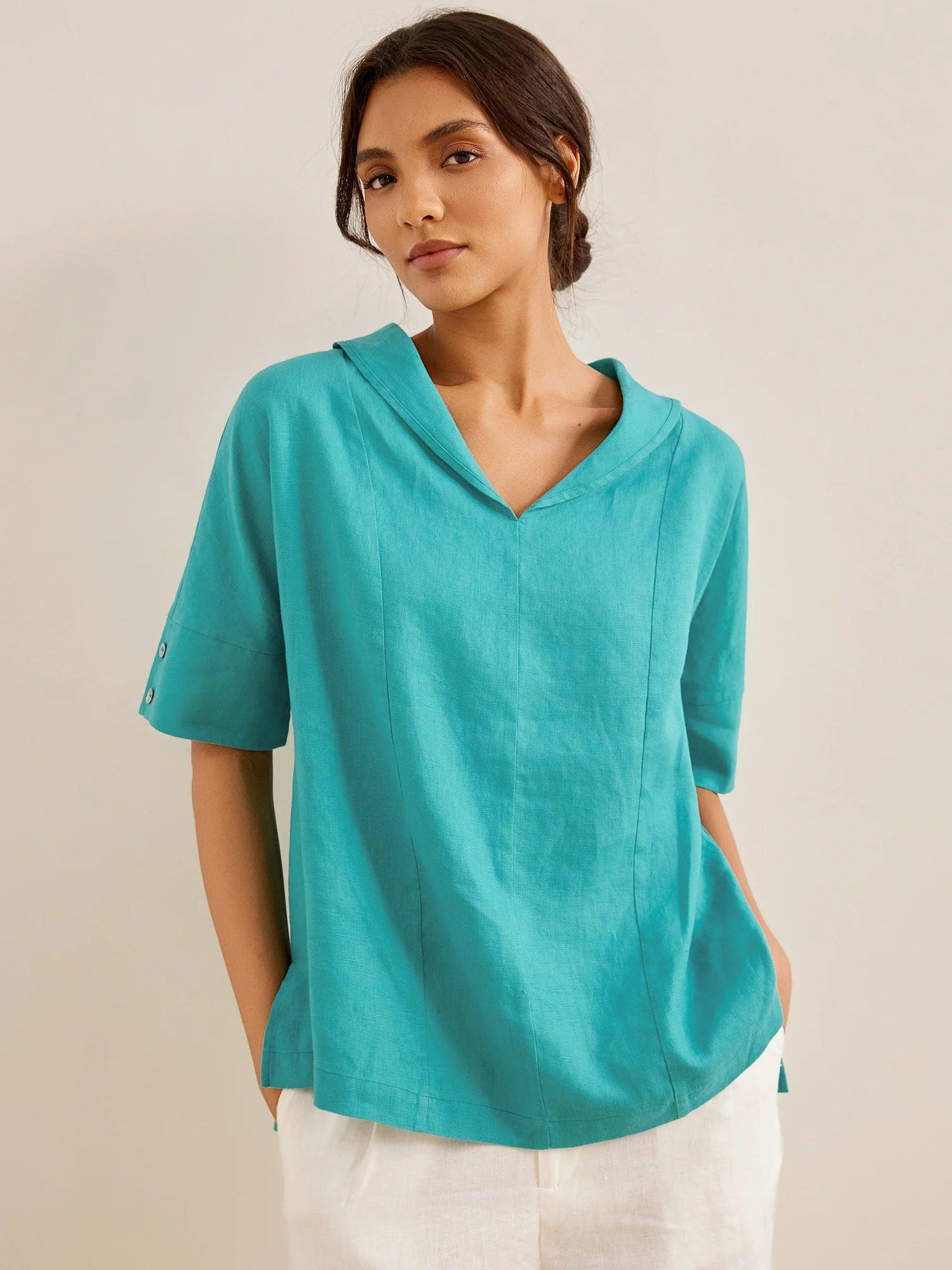 100% Linen V-Neck Short Sleeve Shirt SIERRA LINTICO