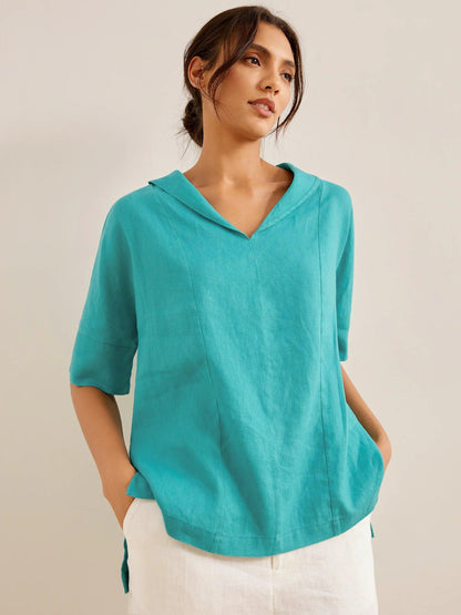 100% Linen V-Neck Short Sleeve Shirt SIERRA LINTICO