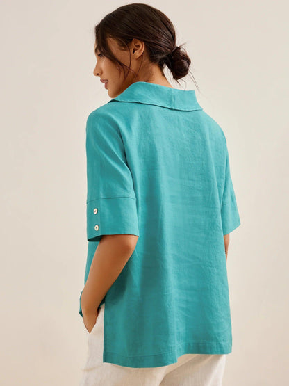100% Linen V-Neck Short Sleeve Shirt SIERRA LINTICO