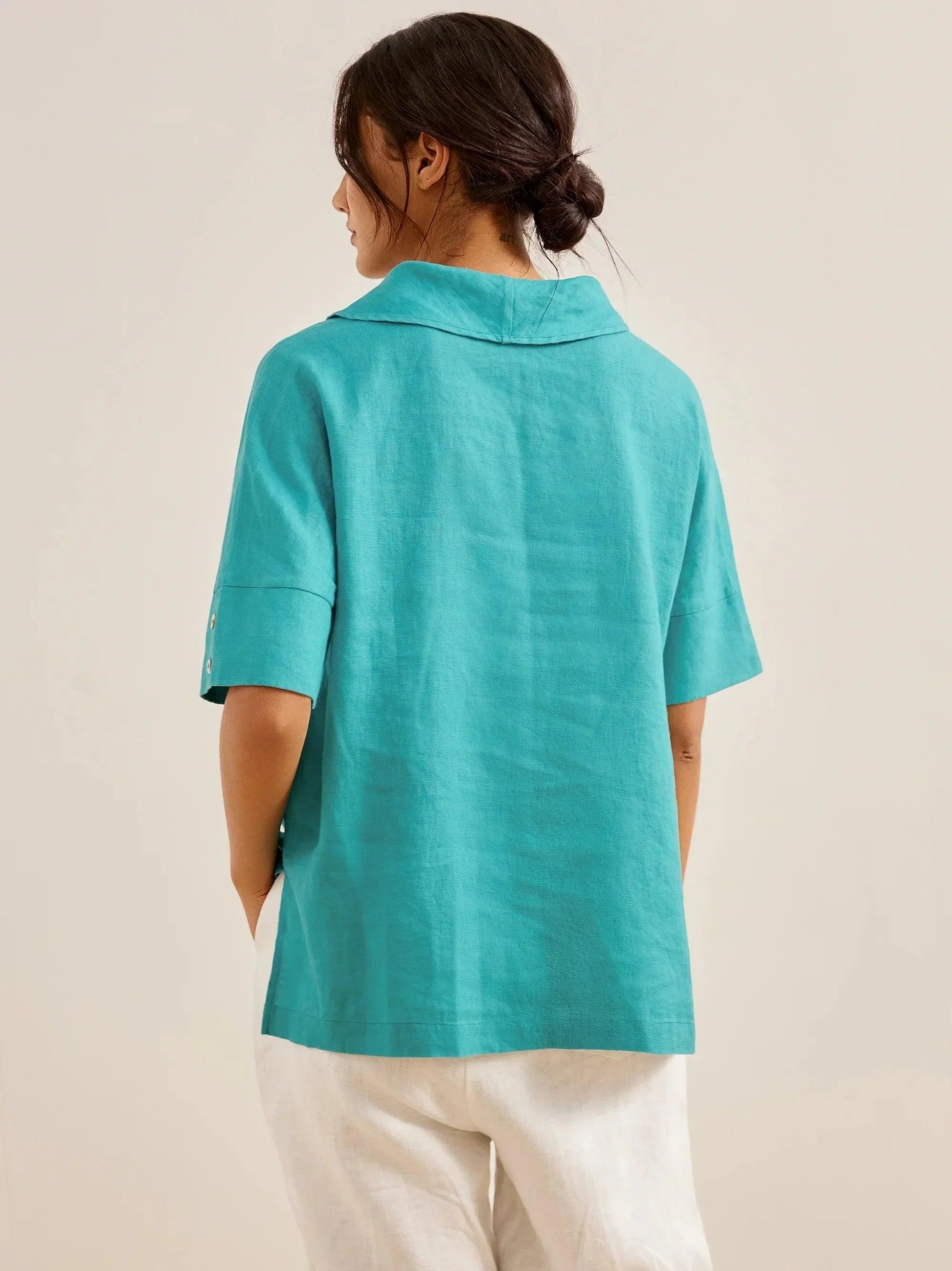 Linen V Neck Short Sleeve Shirt SIERRA LINTICO