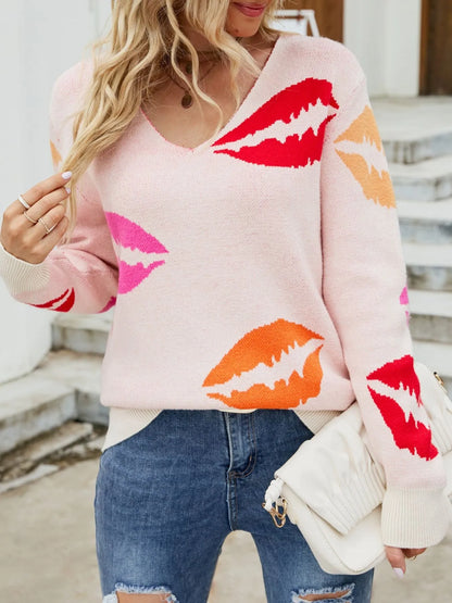 Colorful Lips V-Neck Sweater New Era Fashion LLc