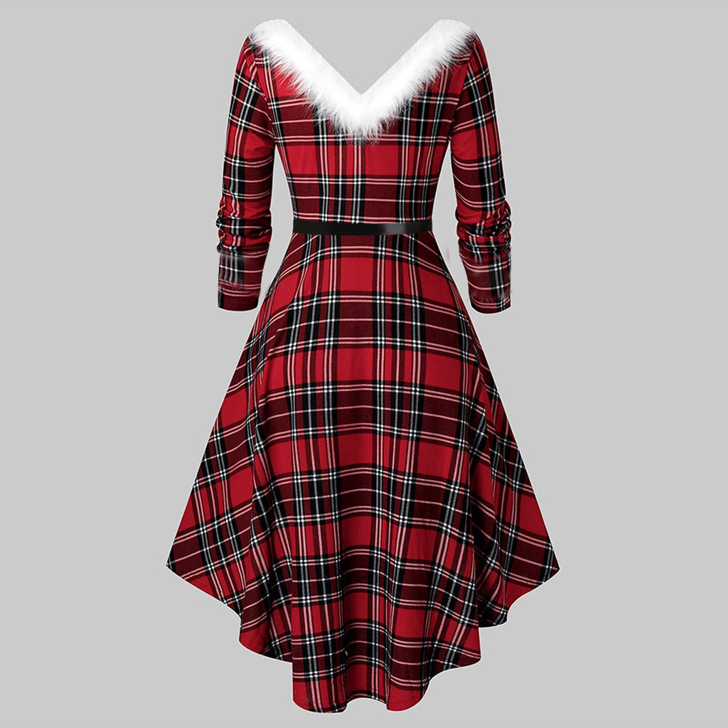 Christmas Women’s Fur Patchwork V-Neck Long-Sleeved Dress FitiqueFit