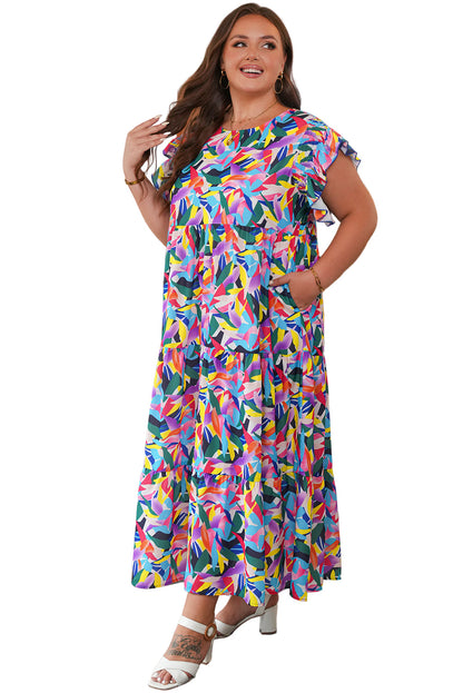 Blue Geometric Print Ruffled Short Sleeve Plus Size Tiered Maxi Dress Garden Naked Curves