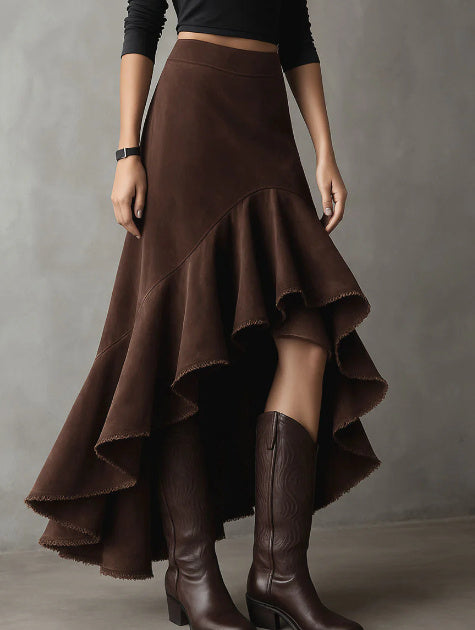 Western Brown High-Low Eco Suede Ruffle Maxi Skirt Grayceful LLC