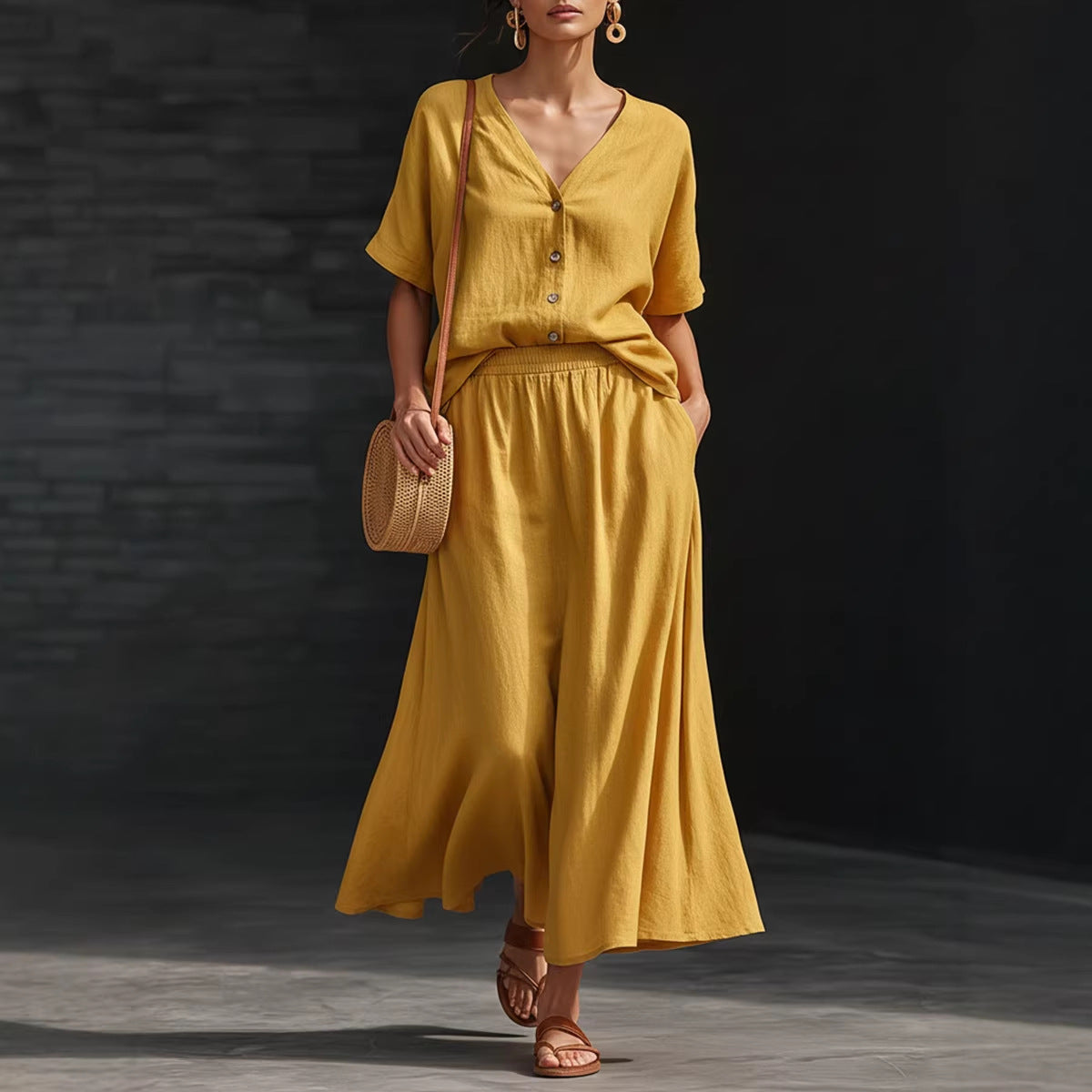 Women's Cotton-Linen V-Neck Button-Up Top & Long Skirt Set FitiqueFit
