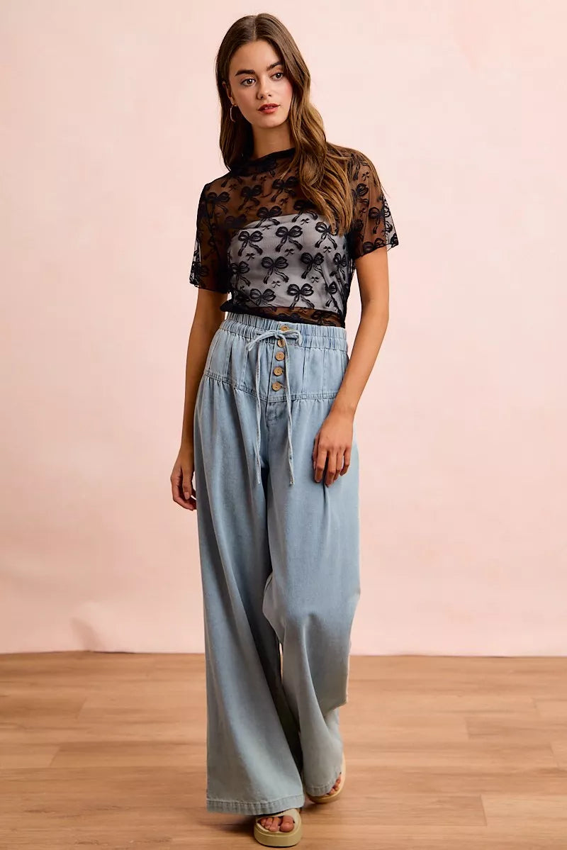 BiBi High Neckline Short Sleeves Bow Pattern Mesh Top New Era Fashion LLc