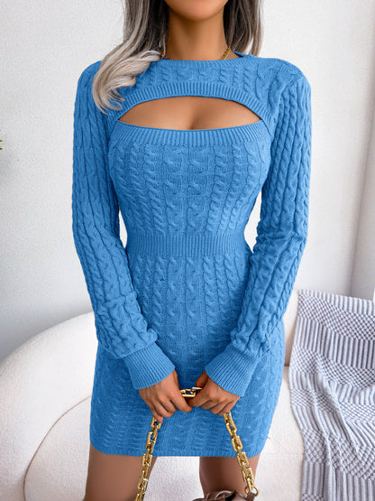 Solid Ribbed Knit Keyhole Dress, Elegant Crew Neck Long Sleeve Bodycon Dress, Women's Clothing NovaCart