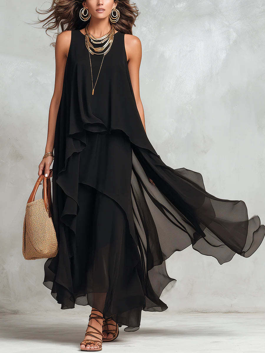 Asymmetrical Ruffle Mesh Chiffon Sleeveless Maxi Dress – Black, XS–XXL FitiqueFit