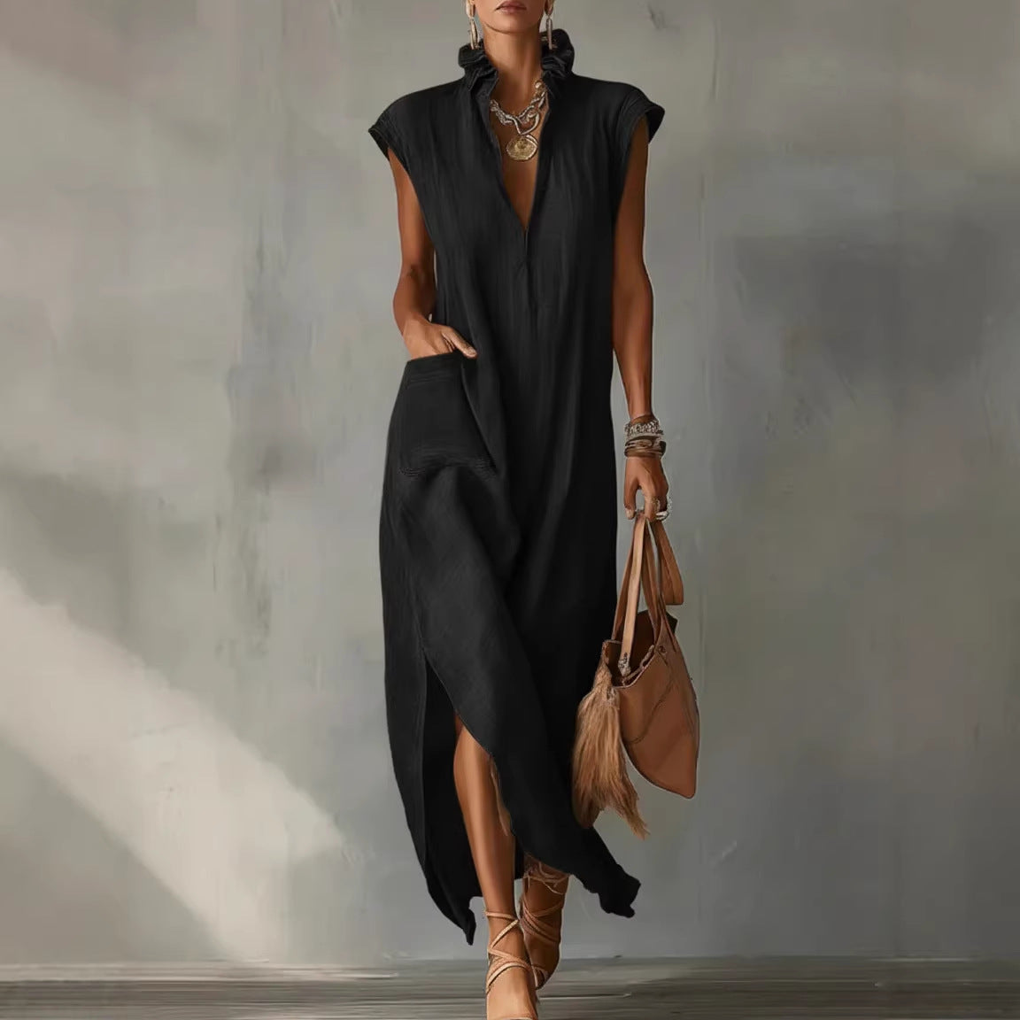Women’s Cotton-Linen Sleeveless Solid-Color Shirt Dress FitiqueFit