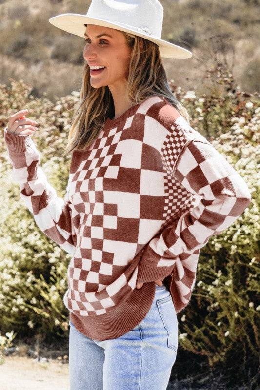 Checker Round Neck Drop Shoulder Sweater Shop Style & More | Fresh Looks, Everyday Deals & Free Shipping
