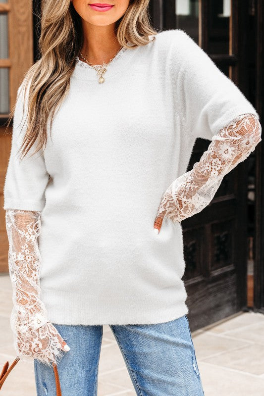 Lace Patchwork Sleeve Faux Two-Piece Fuzzy Sweater Shop Style & More | Fresh Looks, Everyday Deals & Free Shipping