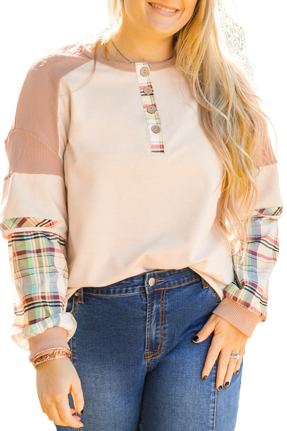 Parchment Plus Size Plaid Waffle Patchwork Henley Top Garden Naked Curves