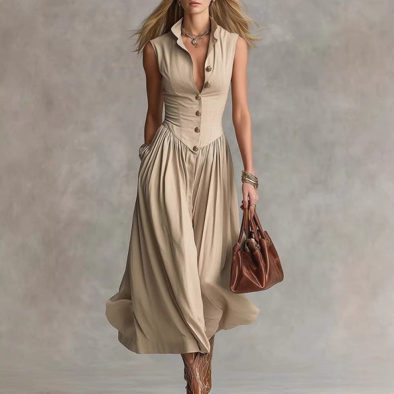 Women's Sleeveless Lapel Collar Maxi Dress – Slim Fit Patchwork FitiqueFit