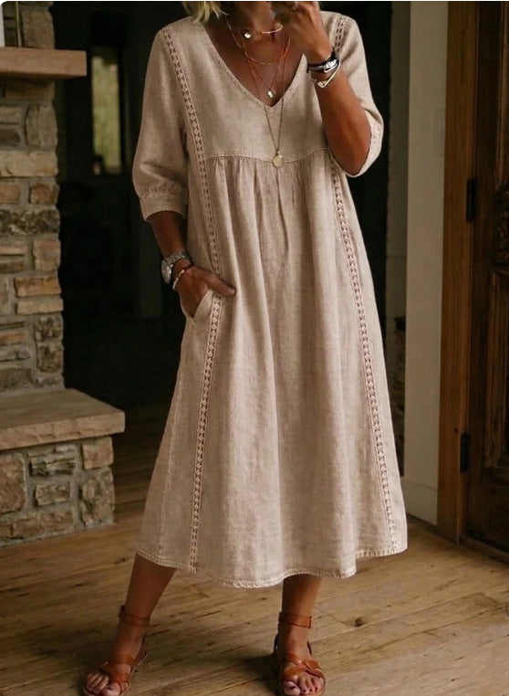 Women's Linen Cotton V-Neck Dress – Lace Trim, Loose Fit, 7 Colors FitiqueFit