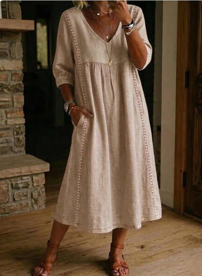 Women's Linen Cotton V-Neck Dress – Lace Trim, Loose Fit, 7 Colors FitiqueFit