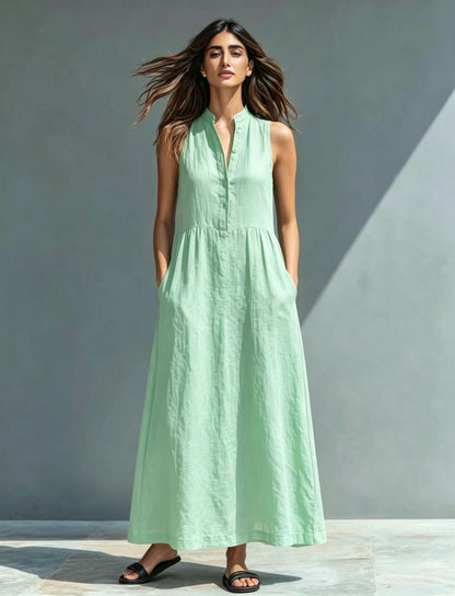 Women's Stand-Collar A-Line Maxi Dress – Resort & Vacation Style FitiqueFit