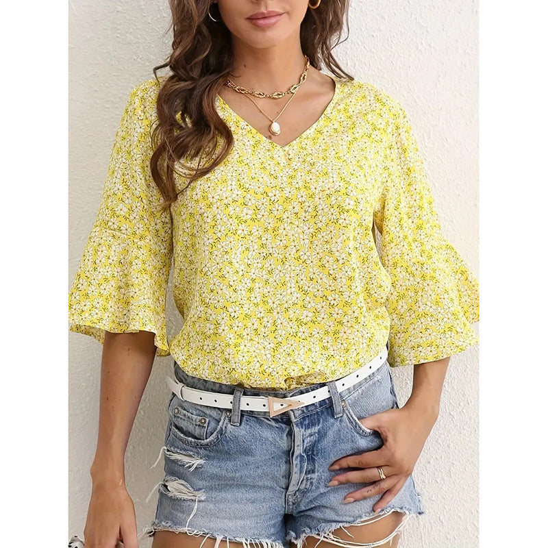 Womens Summer Floral Print Blouses V-Neck Flare Sleeve Tops FitiqueFit