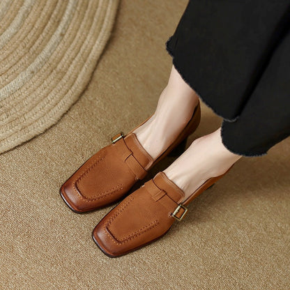 Women's Retro British Style Chunky Heel Leather Shoes – Round Toe Commuter FitiqueFit