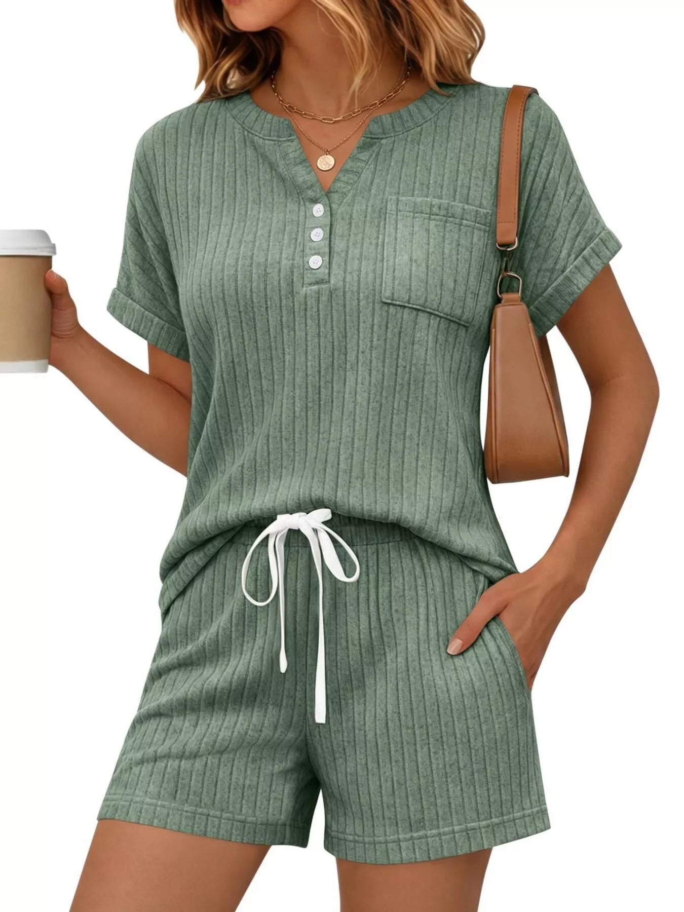 Casual Ribbed Knit Tee and Shorts Set New Era Fashion LLc