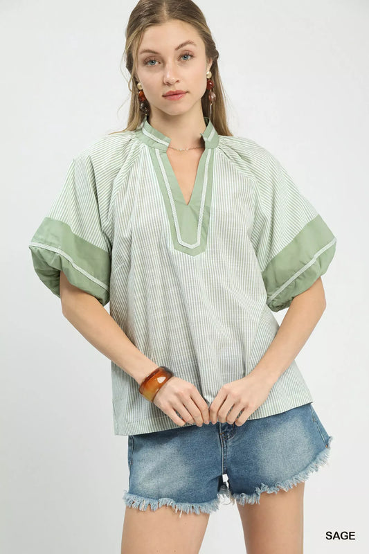 Umgee Striped Mixed Puff Sleeve Blouse Montret
