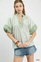 Umgee Striped Mixed Puff Sleeve Blouse Montret