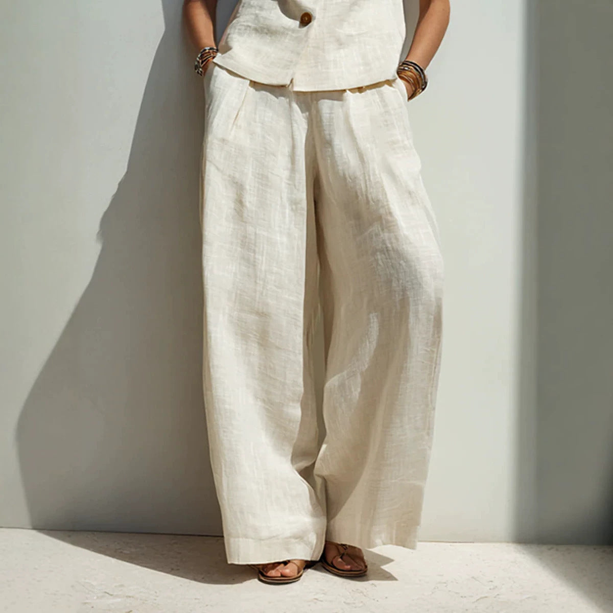 Linen Blend V-Neck Buttoned Vest & High-Waist Wide-Leg Pants Set – 5 Colors S–3XL FitiqueFit