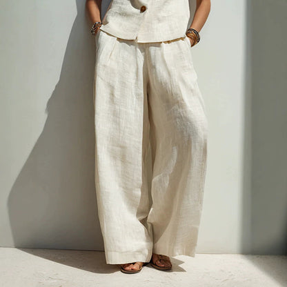 Linen Blend V-Neck Buttoned Vest & High-Waist Wide-Leg Pants Set – 5 Colors S–3XL FitiqueFit