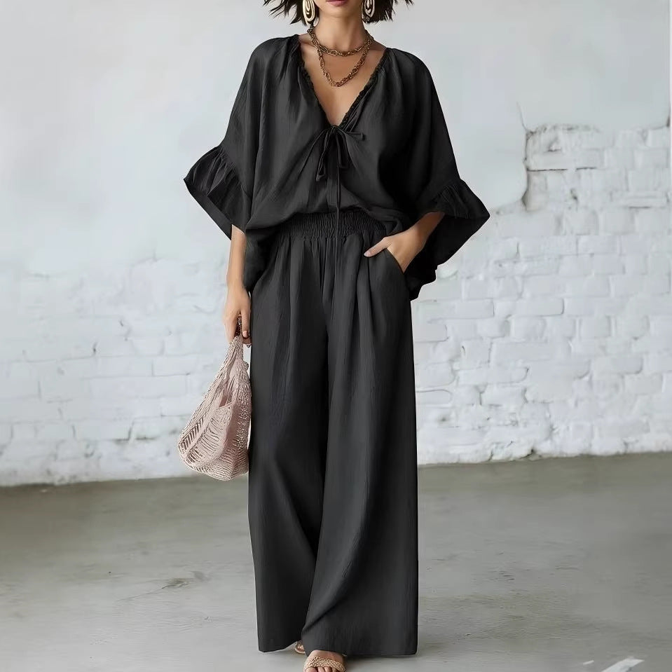 Women's Loose-Fit V-Neck Top & Wide-Leg Pants Two-Piece Set FitiqueFit
