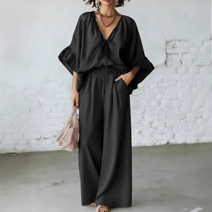 Women's Loose-Fit V-Neck Top & Wide-Leg Pants Two-Piece Set FitiqueFit