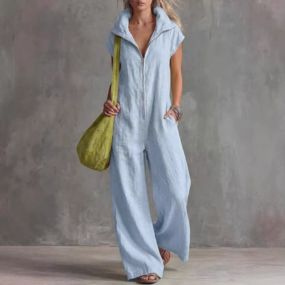 Women's Loose Sleeveless Jumpsuit with Pockets – Linen-Look FitiqueFit