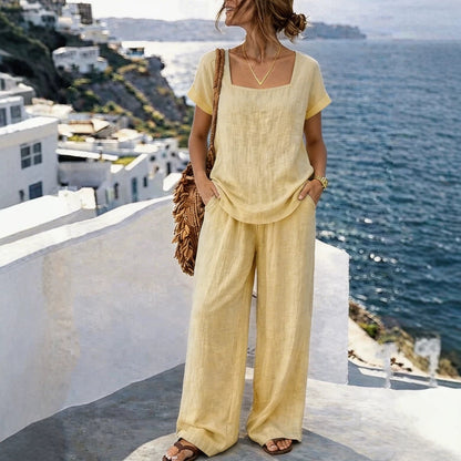 Women's Square-Neck Short-Sleeve Pantsuit – Cotton Blend Two-Piece Set FitiqueFit