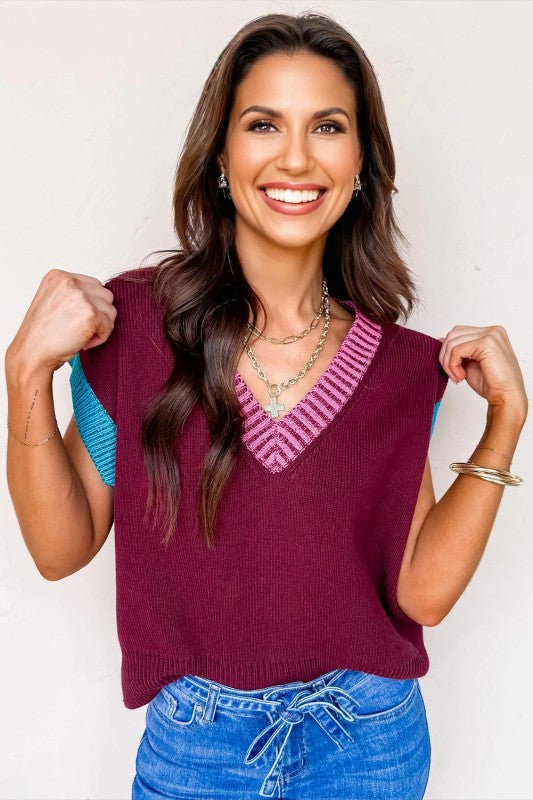Colorblock V-Neck Cuffed Short Sleeve Sweater Shop Style & More | Fresh Looks, Everyday Deals & Free Shipping