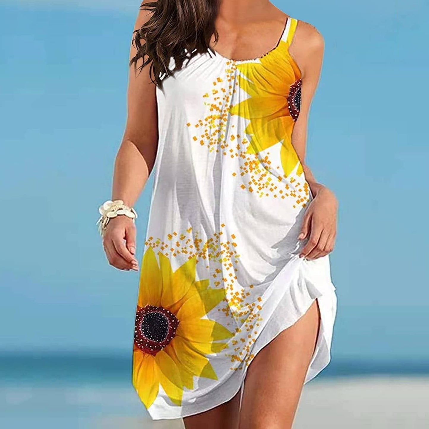 🌻 Plus Size Sunflower Print Sleeveless Wrap Dress FitiqueFit