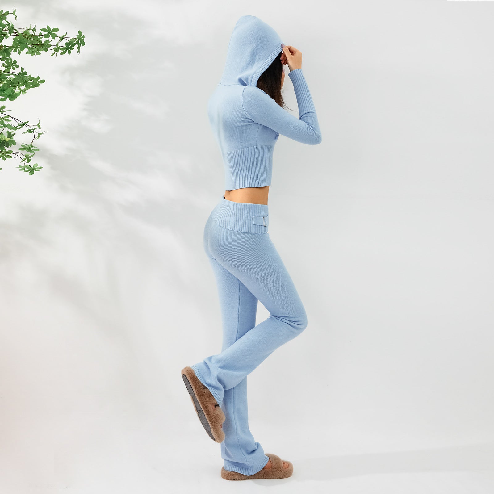 Women’s Knitted Hooded Two-Piece Set – Cardigan & High-Waisted Pants Suit FitiqueFit