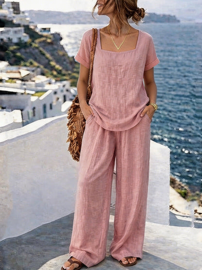 Women's Square-Neck Short-Sleeve Pantsuit – Cotton Blend Two-Piece Set FitiqueFit
