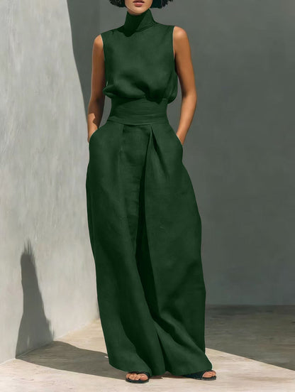 Women’s Cotton Linen Two-Piece Set – Sleeveless Top & Wide-Leg Pants FitiqueFit