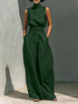 Women’s Cotton Linen Two-Piece Set – Sleeveless Top & Wide-Leg Pants FitiqueFit