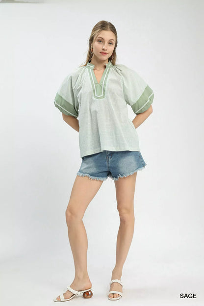 Umgee Striped Mixed Puff Sleeve Blouse Montret