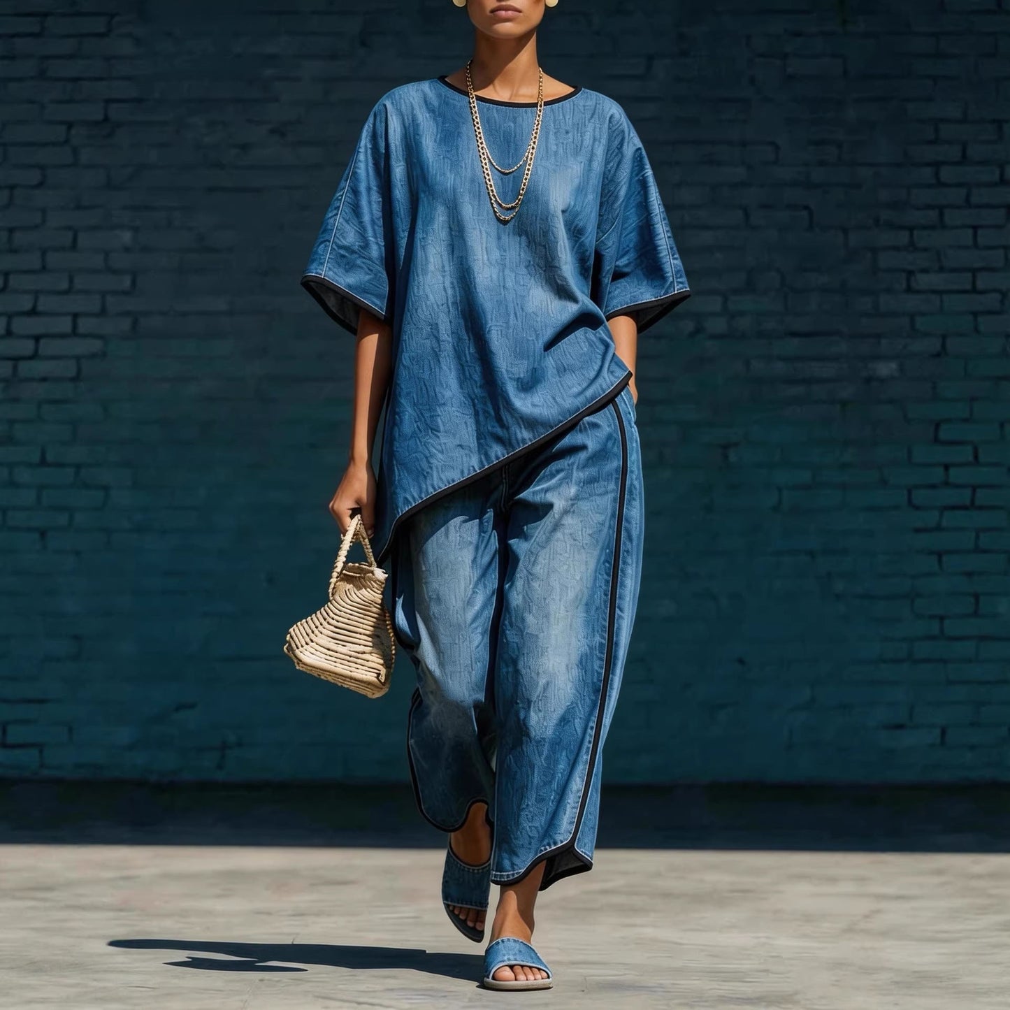 Women's Denim-Style Knit Top & Wide-Leg Pants Set – Casual 2-Piece FitiqueFit