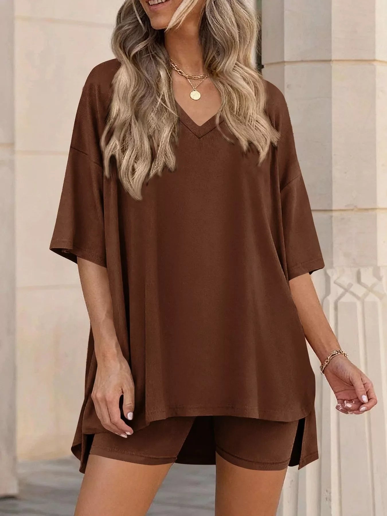 Full Size Casual Loose V-Neck T-Shirt & Shorts Set Plus Size New Era Fashion LLc