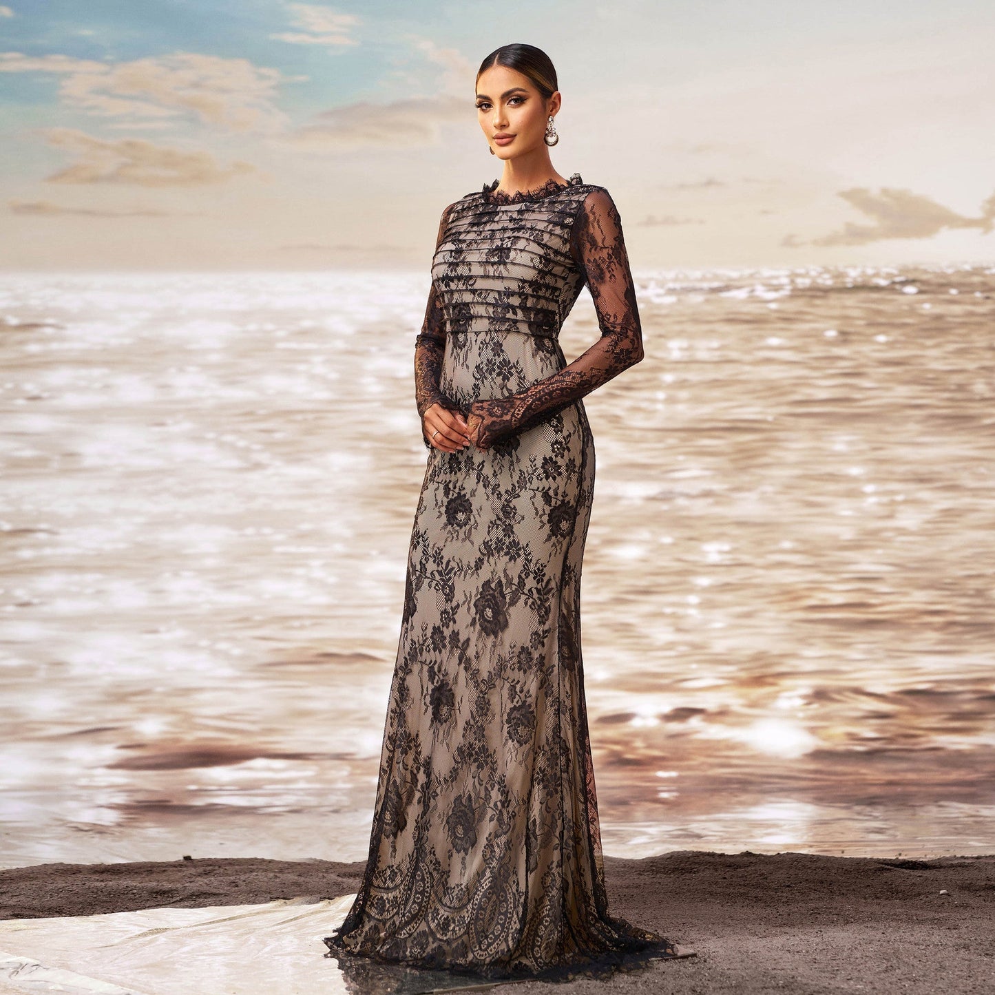 Long Sleeve Round Collar Gauze Sheath Fishtail Evening Dress Grayceful LLC