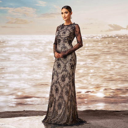 Long Sleeve Round Collar Gauze Sheath Fishtail Evening Dress Grayceful LLC