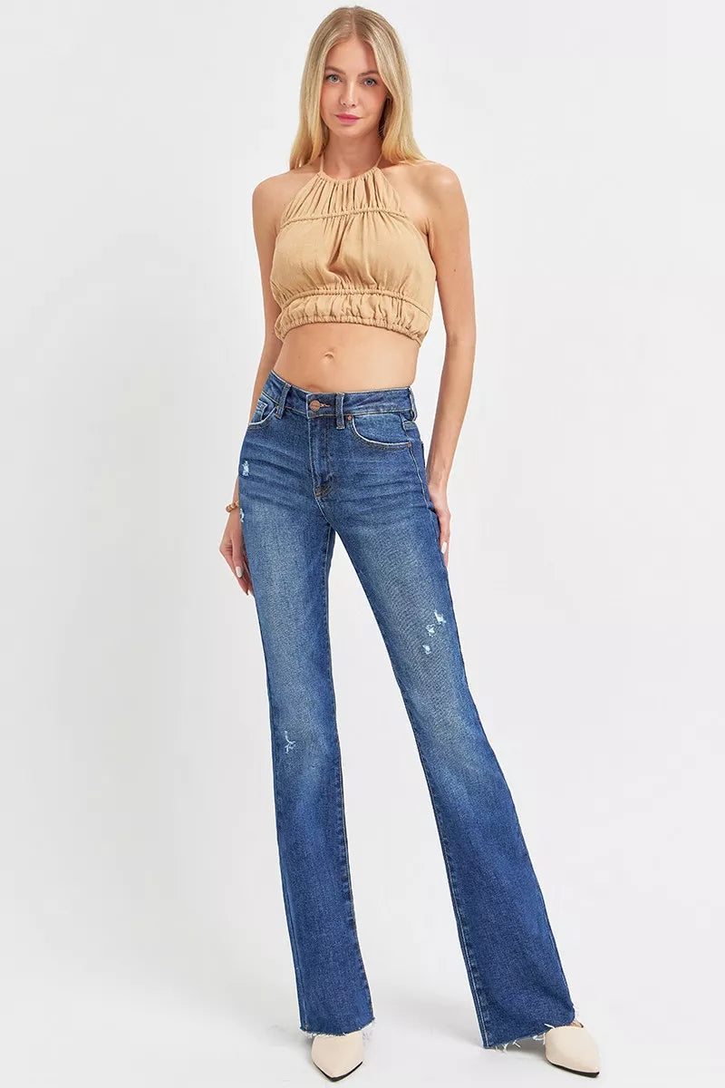 RISEN Full Size Distressed Mid Rise Flare Jeans Plus Size Garden Naked Curves