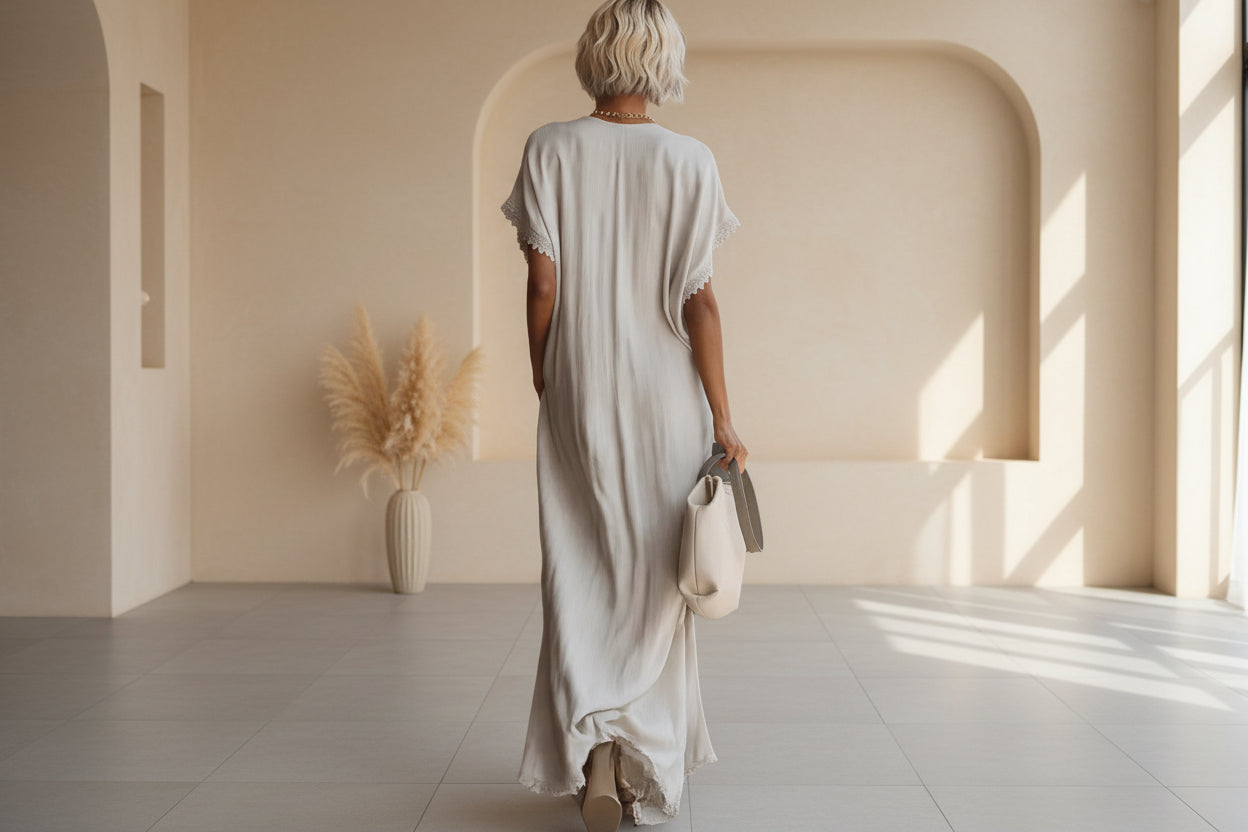 Lace-Trimmed Loose Linen Cotton Long Dress for Women FitiqueFit